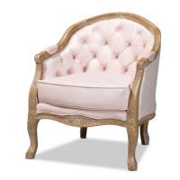 Baxton Studio TSF7766-Light Pink-CC Genevieve Traditional French Provincial Light Pink Velvet Upholstered White-Washed Oak Wood Armchair